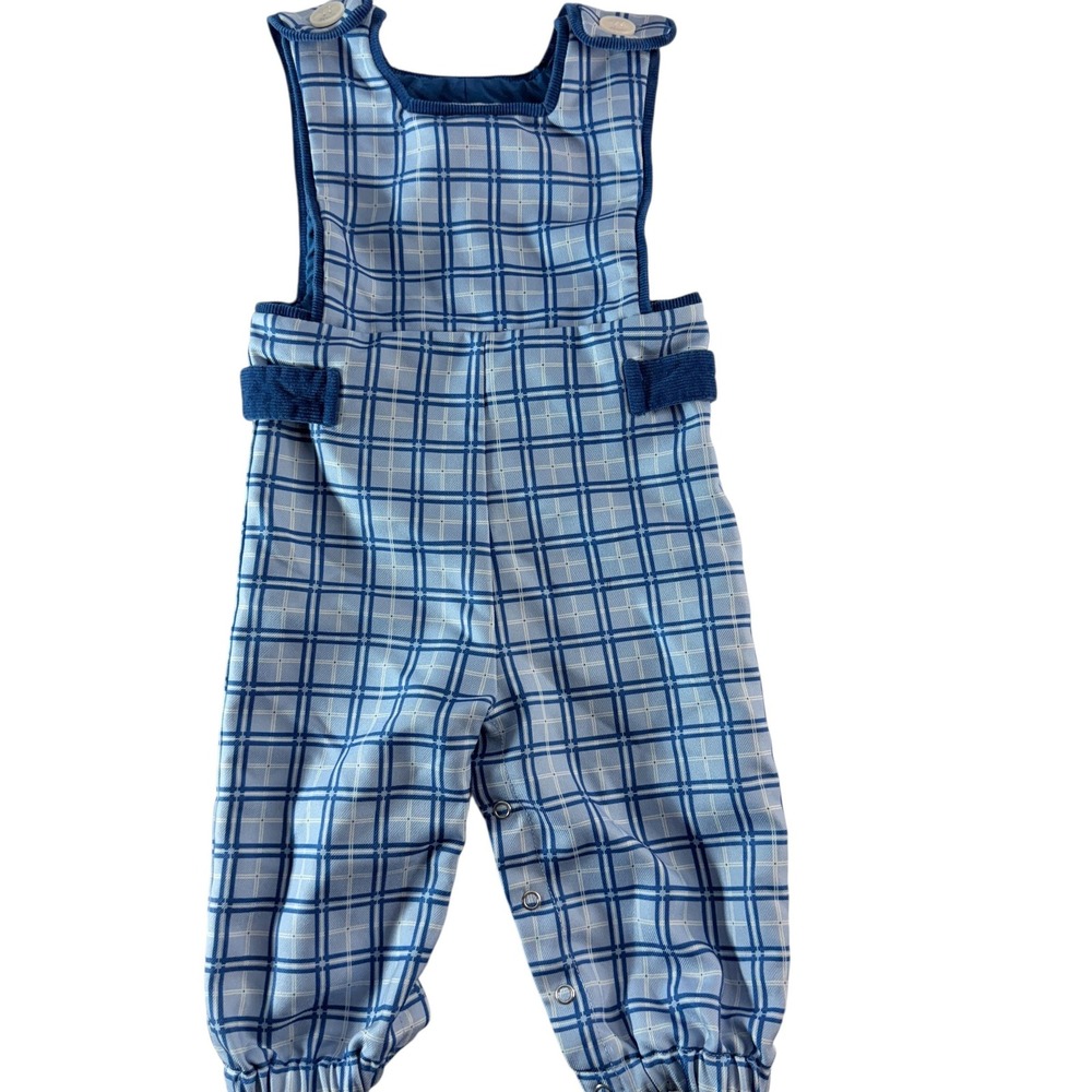 Henry Duvall Baby Boy Blue Plaid Jon Jon Overalls 6-12 Months Bubble Romper Snap